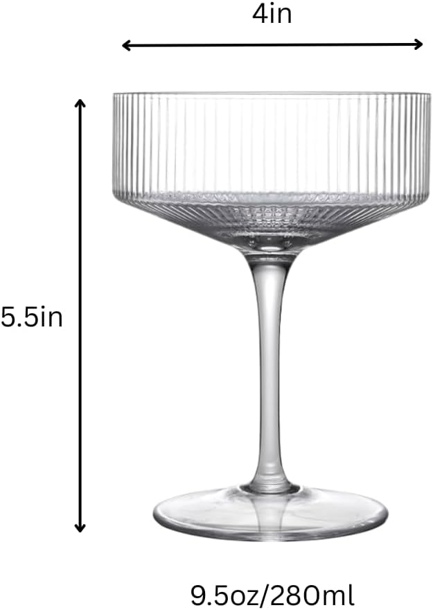 LEMONSODA Clear & Ribbed Martini Coupe Glasses - Classic Barware for Espresso Martini, Manhattan, Cosmopolitan – Handcrafted Luxury Glassware for Home Entertaining (Ribbed 9.5oz, Set of 2)