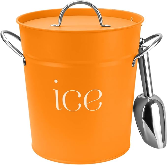 3 Qt White Galvanized Ice Bucket with Lid, Scoop and Handles, Insulated - Vibrant Orange