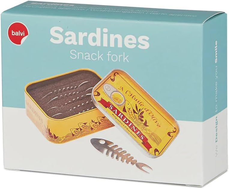 Balvi Sardines Snack Forks Set of 6 – Stainless Steel Fishbone Design Appetizer Picks in Vintage-Style Tin – Ideal for Tapas, Seafood, and Hors d'oeuvres – Tenedores de Aperitivo