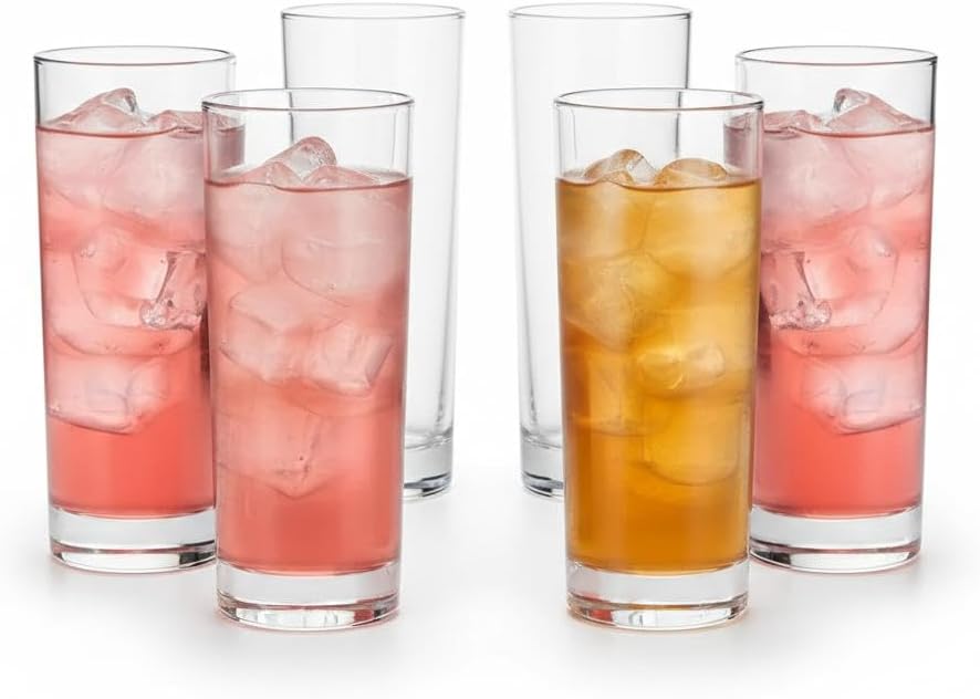 Royalty Art Highball Glasses Set of 6 – 10.18 oz Tall Drinking Glasses, 6.45” Clear Tom Collins Glasses for Cocktails, Water & Juice – Lead-Free Glass, Dishwasher Safe, Modern Bar Glassware