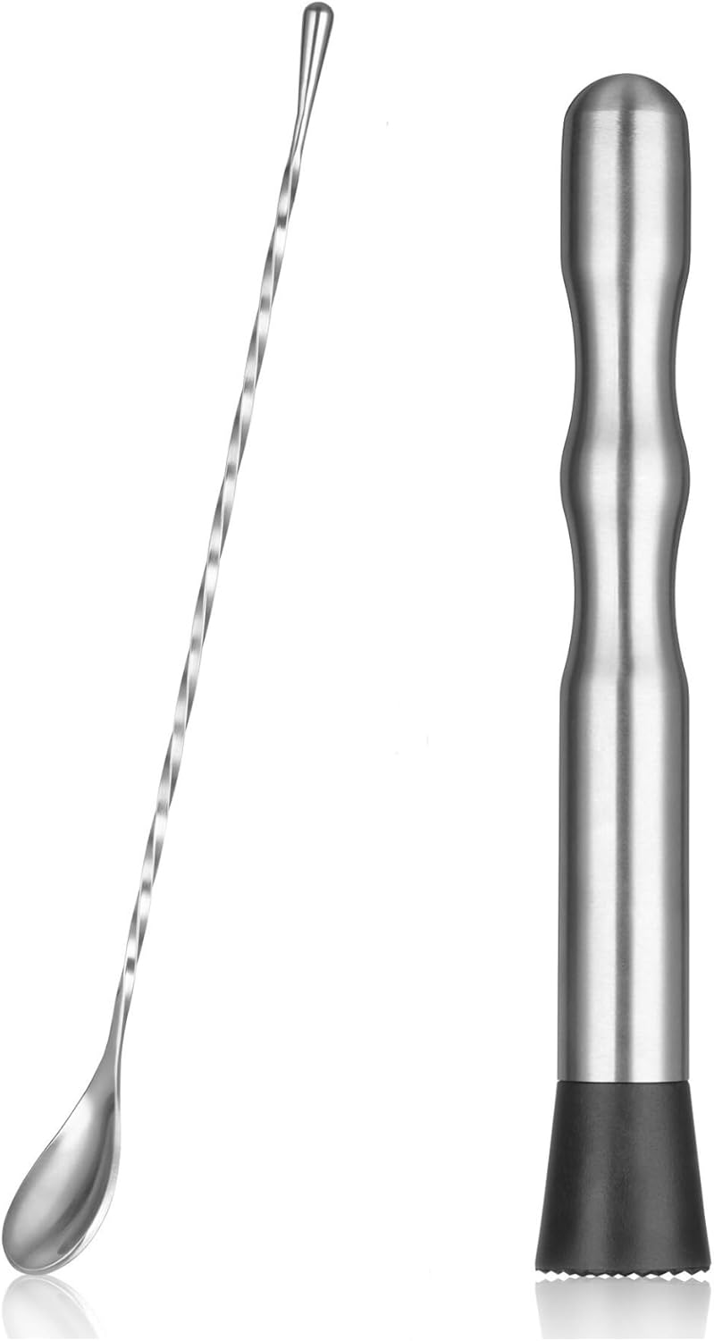Stainless Steel Cocktail Muddler for Cocktails Set, 8 & 12 Inch Muddlers with Long Handle Bar Spoon, 3 Piece Mojito Muddler Kit for Mint, Lime, Fruit and Mixed Drinks - Short