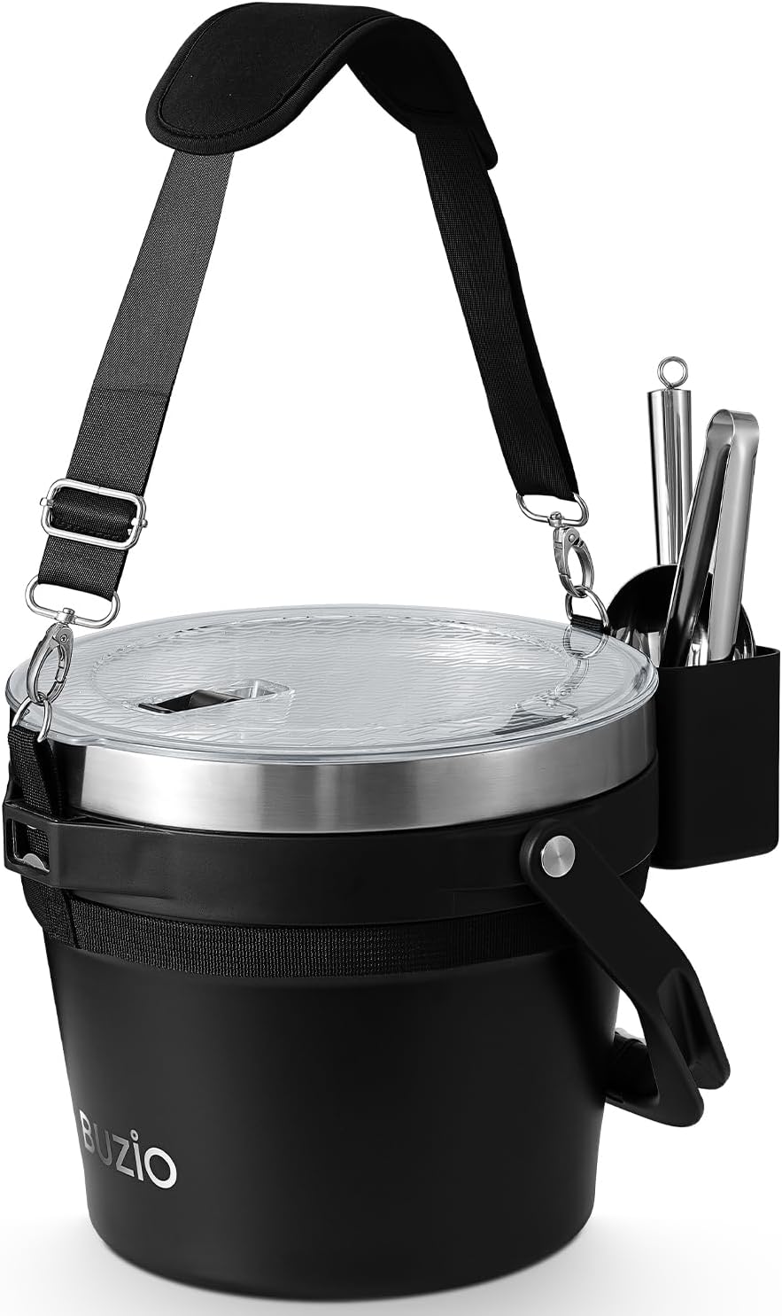 BUZIO 7.4 Qt/7 L Insulated Ice Bucket with Lid and Scoop & Tongs for Parties, Double Wall Vacuum Stainless Steel, Holds 6 Longnecks or 3 Wine Bottles, Large Beverage Bucket for Cocktail Bar, Black