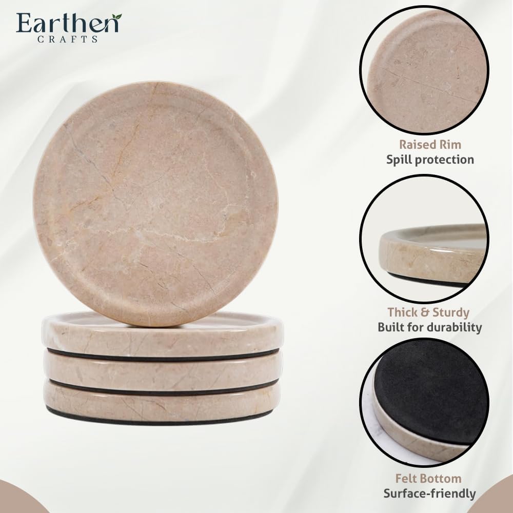 Marble Coasters Set of 4 Beige 4 Inches Round Coaster Set Natural Stone Drink Coasters, Coaster for Drinks, Coffee Table, Kitchen, Bar Décor