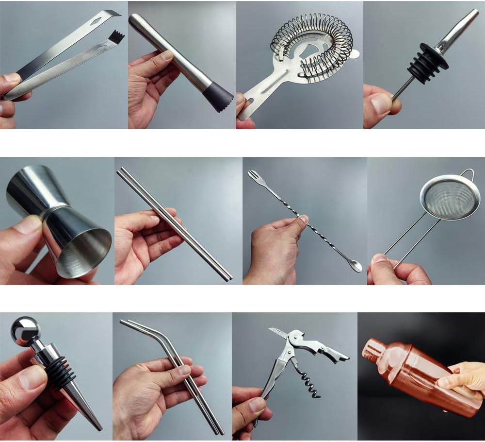 Cocktail Shaker Set Bartender Kit with Stand - 16 Piece Bar Tool Set Drink Mixer Set Includes : Shakers, Jigger, Strainer, Mixer Spoon, Muddler, Liquor Pourers, Straw (Rose Gold)