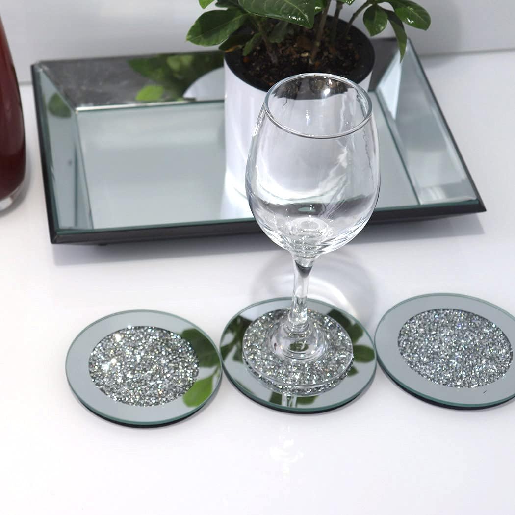 GIMORRTO Glass Mirrored Coaster 4 PC, Crushed Diamond Round 4" Cup Mat Decor on Tabletop for Bar Tools Dining Table