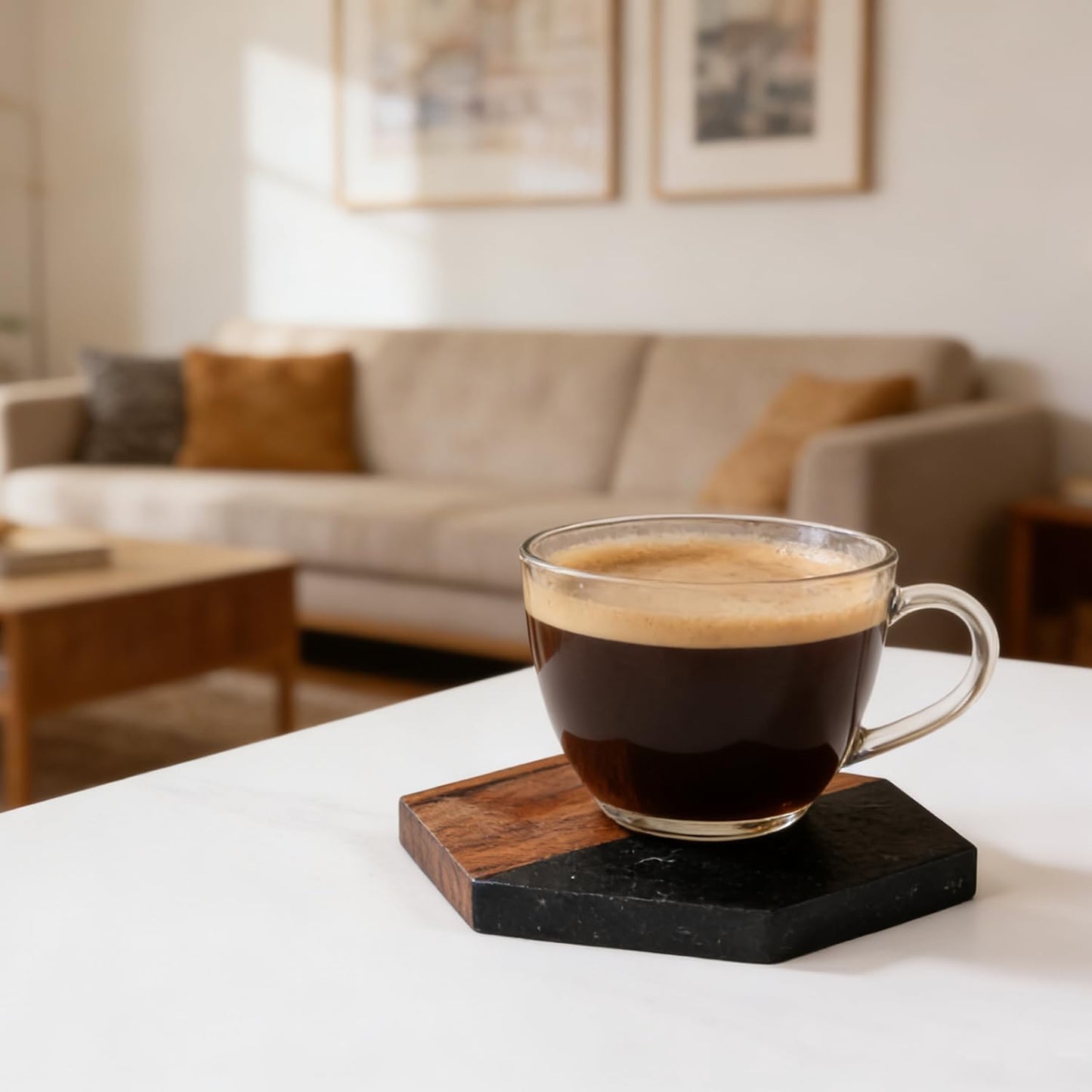 Marble Wood Coasters Set of 4, Fun & Cute Drink Coasters for Coffee Table, Coffee Bar Decor & Desk Accessories, Black