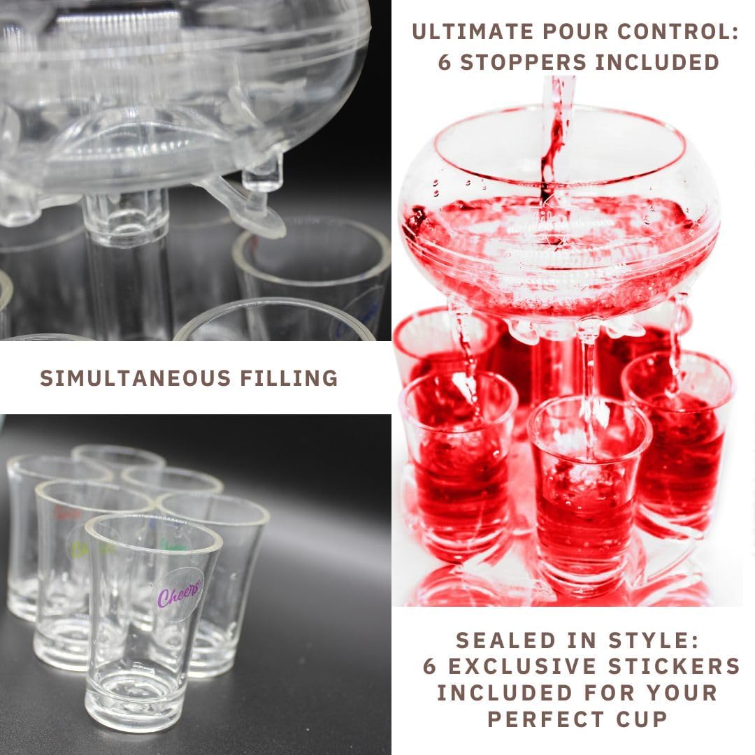 Shot Glass Dispenser And Holder - Party Drink Set For Liquor With 6 Glasses, Cool Glass Shots Game Accessories, Cute Of Fountains Fun 6x Pourer Bar Stuff, Unique 21 Birthday Parties Machine