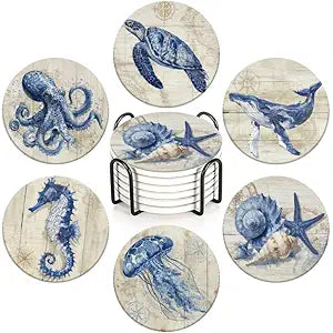 Drink Coasters Set of 6 with Holder Vintage Marine Style Wood Grain Nautical Coasters Cork Base Absorbent Ceramic Coasters,Ocean Themed Gifts,Suitable for Dining Tables & Coffee Tables