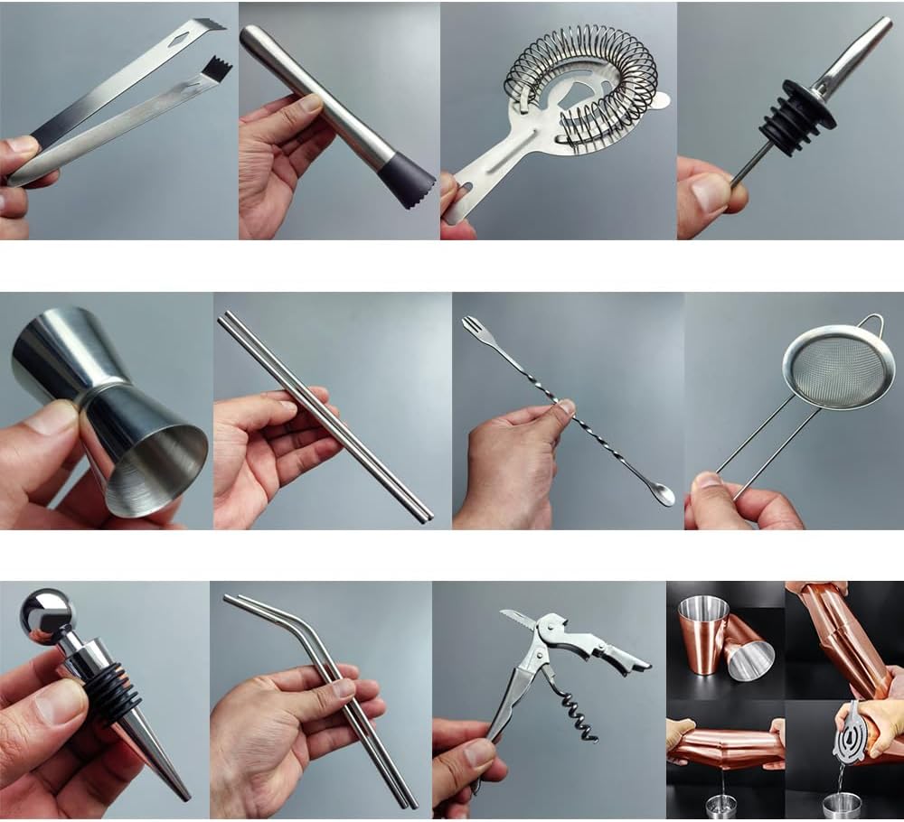 Cocktail Shaker Set Bartender Kit with Stand - 16 Piece Bar Tool Set Drink Mixer Set Includes : Shakers, Jigger, Strainer, Mixer Spoon, Muddler, Liquor Pourers, Straw (Rose Gold-25/20oz)