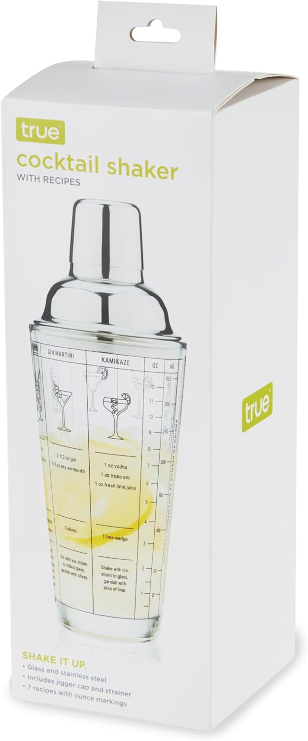 True Glass Cocktail Shaker with 7 Classic Recipes and Measurements for Cold Brew Cocktails, Home Bar Accessories, Bar Tools, Bartender Gifts, Hosting Essentials, 13.5 oz, Set of 1, Clear