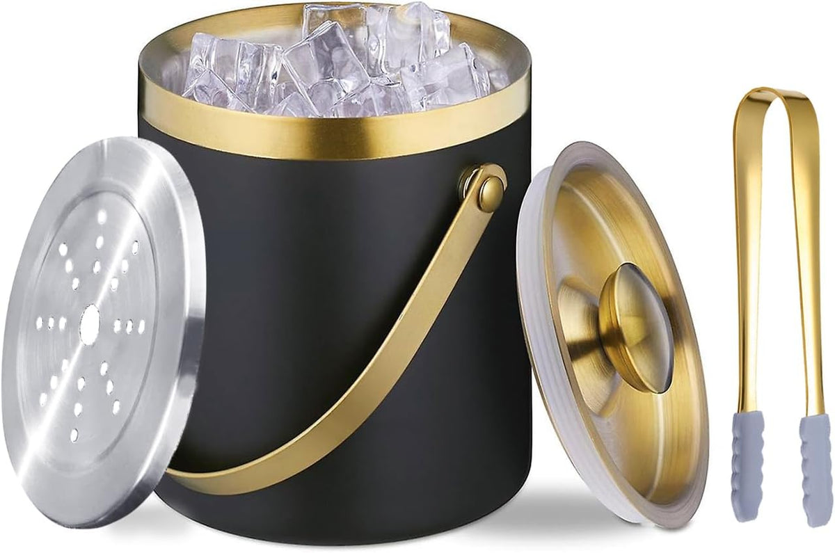 2 L Black Gold Ice Bucket with Lid, Tong & Double-Wall Design - 3L Black