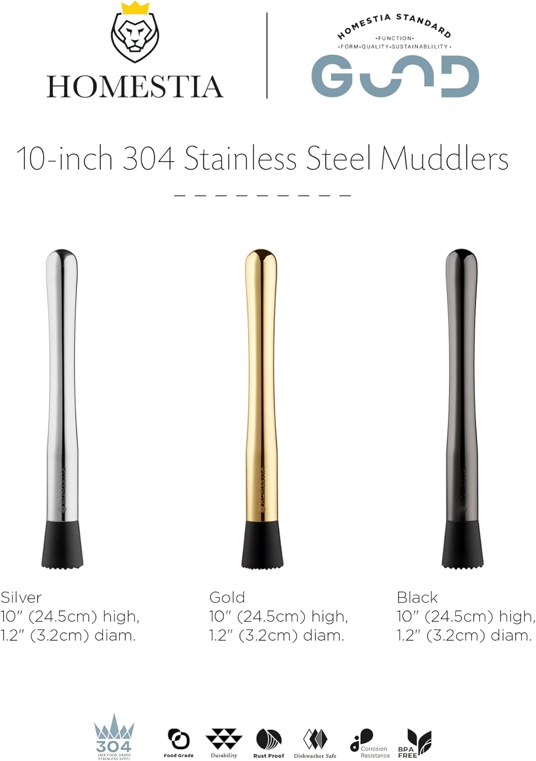 Homestia Gold Muddler for Cocktails - 10 Inch Professional Stainless Steel Muddler - Durable Cocktail Muddler Drink Smasher & Mojito Muddler - Wine Accessories Ideal Valentines Day Gifts for Him
