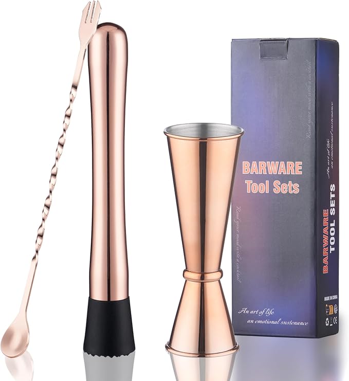 Muddler for Cocktails, 10 Inches Bar Spoon, 1 oz 2 oz Double Jigger- Premium 3 Piece Silver Mixing Tools Set for Drinks - B0D53PM2MP