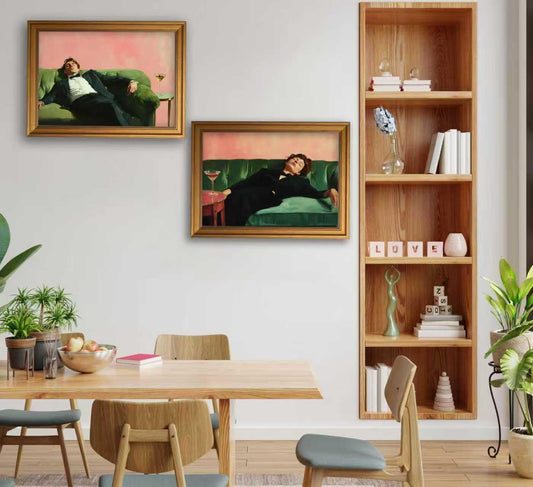Vintage Gold Framed Bar Wall Art, Victorian Woman and Man on Couch with Martini Oil Painting Canvas Prints, Eclectic Cocktail Picture, Trendy Bar Cart Decor Poster Artwork for Kitchen Dining Room