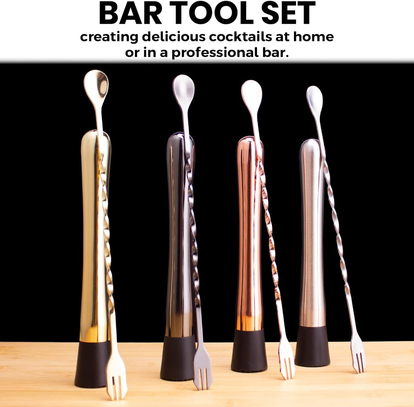 Muddler for Cocktails, 10 Inches Bar Mixing Spoon, 8 Inches Muddler - Premium 2 Piece Gold Cocktail Muddler for Drinks