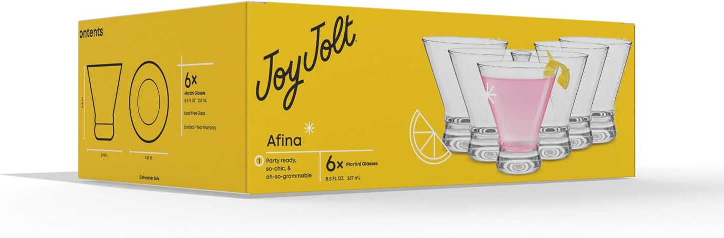 JoyJolt Afina Stemless Martini Glasses Set of 6, 8.5oz Liquor Drinking Glasses for Cocktail and Margarita, Bar Glass Cups, Glass Dessert Cups