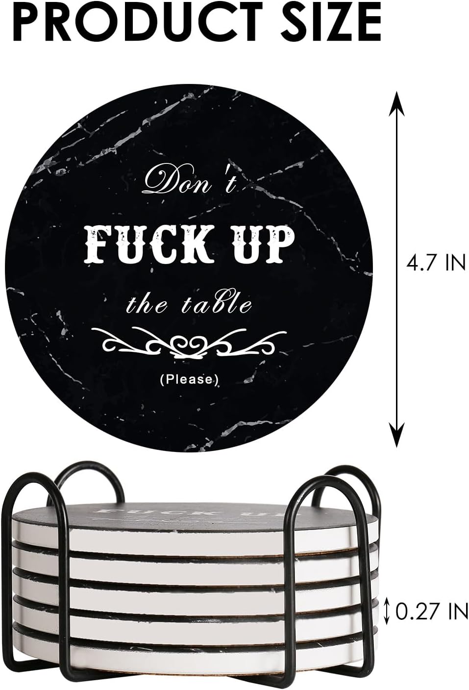 Drink Coasters Set of 6 with Holder, Absorbent Ceramic Coasters with Cork Base for Coffee Table, Rustic Marble Coasters Home Decor Housewarming Gift (Round-Black, 6)