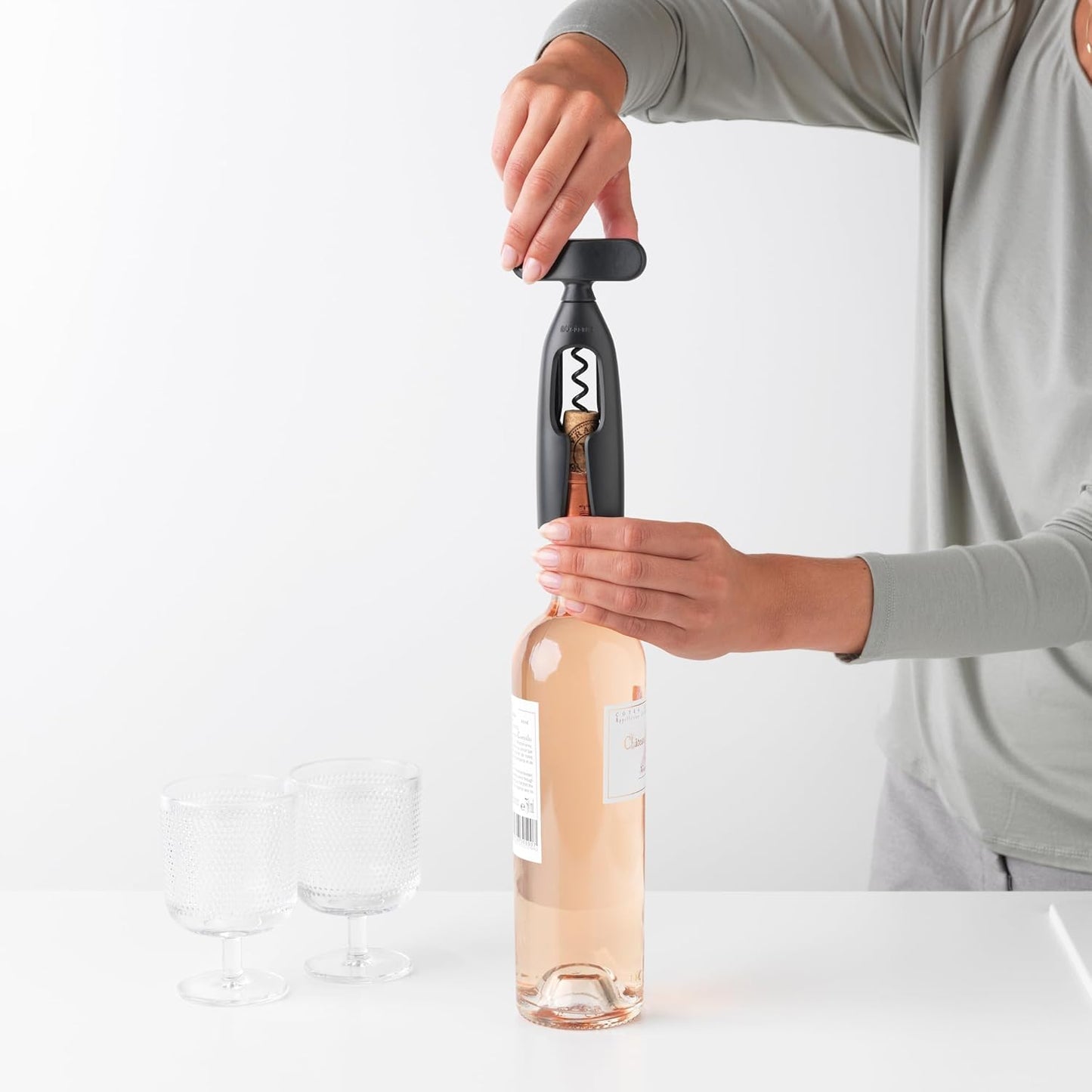 Brabantia Tasty+ Wine Bottle Opener Corkscrew (Dark Gray) Easy To Use, Safe Enclosed Spiral, Extra Large Turning Handle