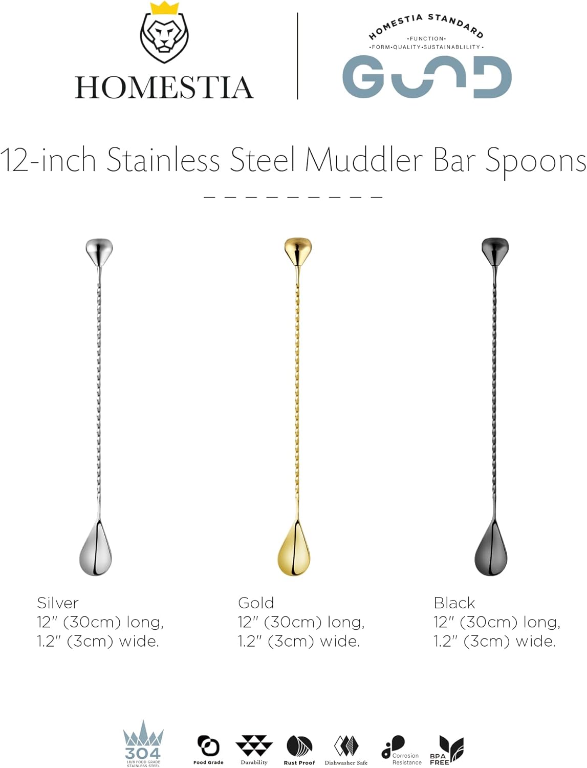 Homestia Muddler Bar Spoon, 12 Inch 30cm Long Handle Drink Stirrer, Stainless Steel Bar Cocktail Mixing Spoons with end Muddler for Cocktail Stirring Weighted Teardrop (Silver)