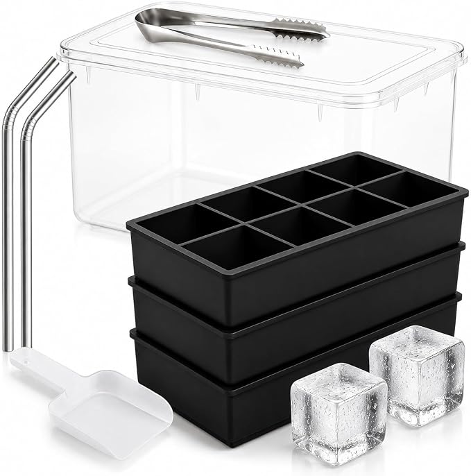 56pcs Ice Cube Tray with Lid and Bin – Stackable 4 Trays Plastic Silicone Freezer Mold, Large Ice Bucket with Scoop, Tong & 2 SS Straws – Easy Release Ice Maker for Cocktail, Coffee, RV, Whiskey - Black (8 Grid, 2in) / 3 Pack Set