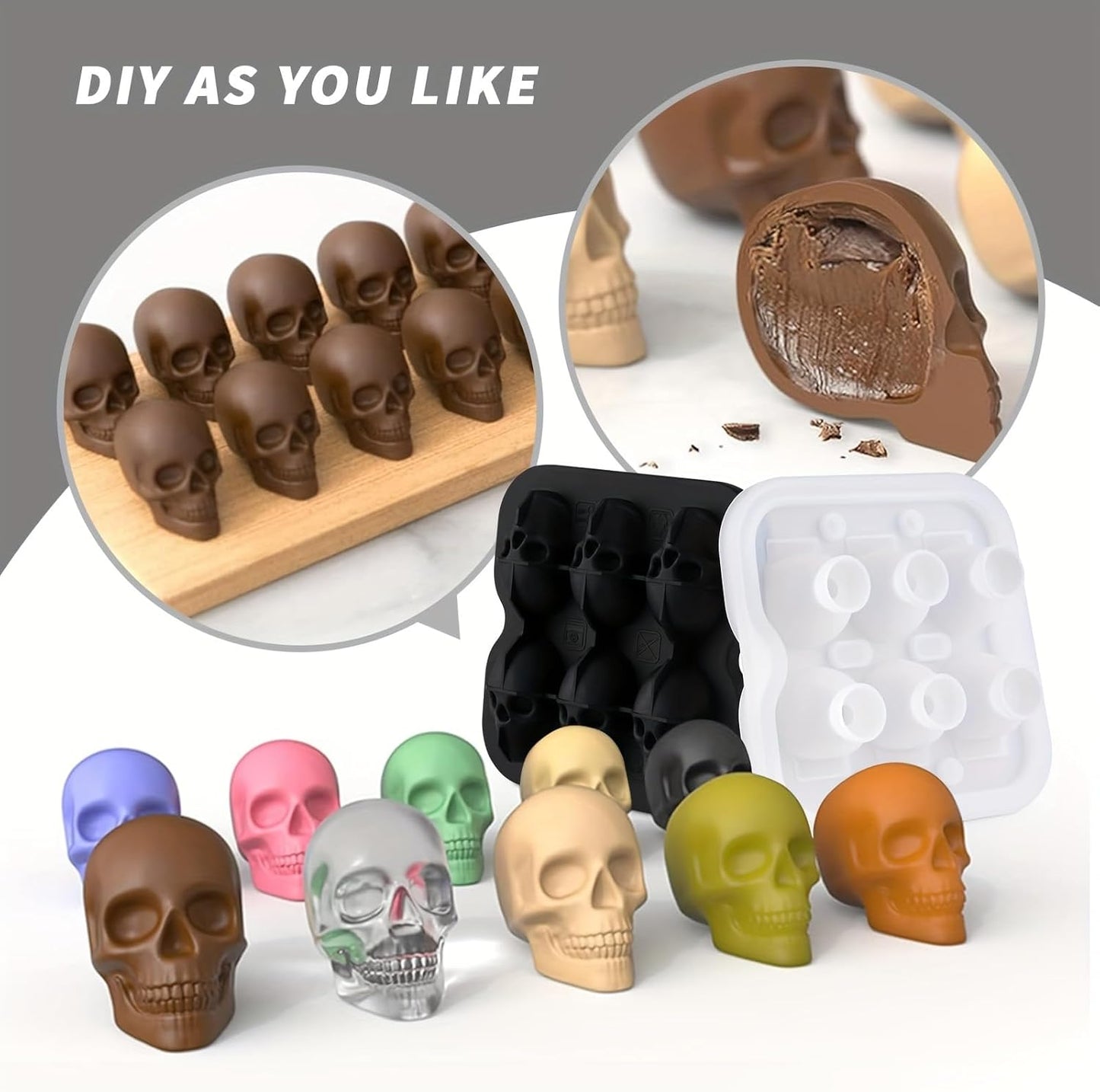 Skull Ice Cube Mold, 6-Cavity Silicone Ice Tray for Whiskey, Cocktails, and Beverages, Food-Grade Flexible Ice Maker for Halloween & Party Drinks, Easy Release & Dishwasher Safe