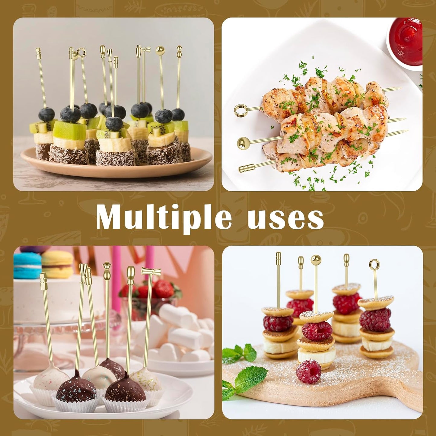Metal Martini Cocktail Picks Gold, Skewers for Olive 4.2 in to 4.38 in, Stainless Steel Drinks Garnish Sticks, Reusable Toothpicks for Appetizers, Gift for Mother, Home Bar Accessories - 9 Pcs