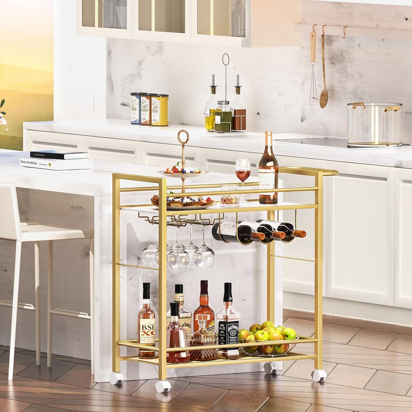Joaxswe Bar Cart,Home Bar Serving Cart with Storage Shelves, 2 Tier Rolling Beverage Cart with Wheels, Modern Wine Cart with Wine Rack and Glass Holder for Kitchen, Living Room,Dinning Room,Gold