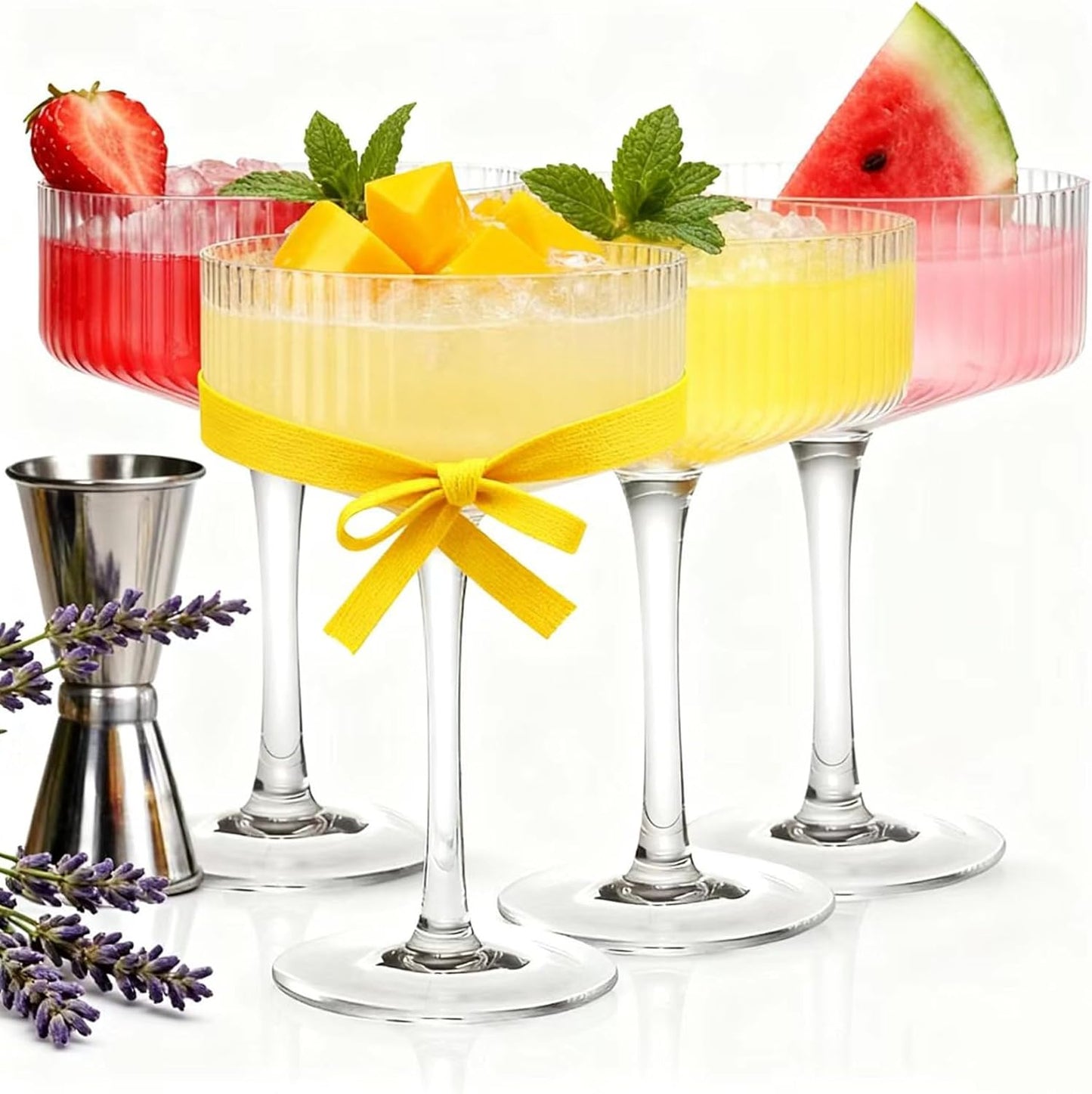 4 Pcs Ribbed Coupe Glasses, 10 oz Large Vintage Martini Glass Set, Unique Margarita Glass, Classic Cocktail Galssware, Ribbed Bar Drinking Glasses Set for Cocktail, Wine, Champagne, Espresso & Gift