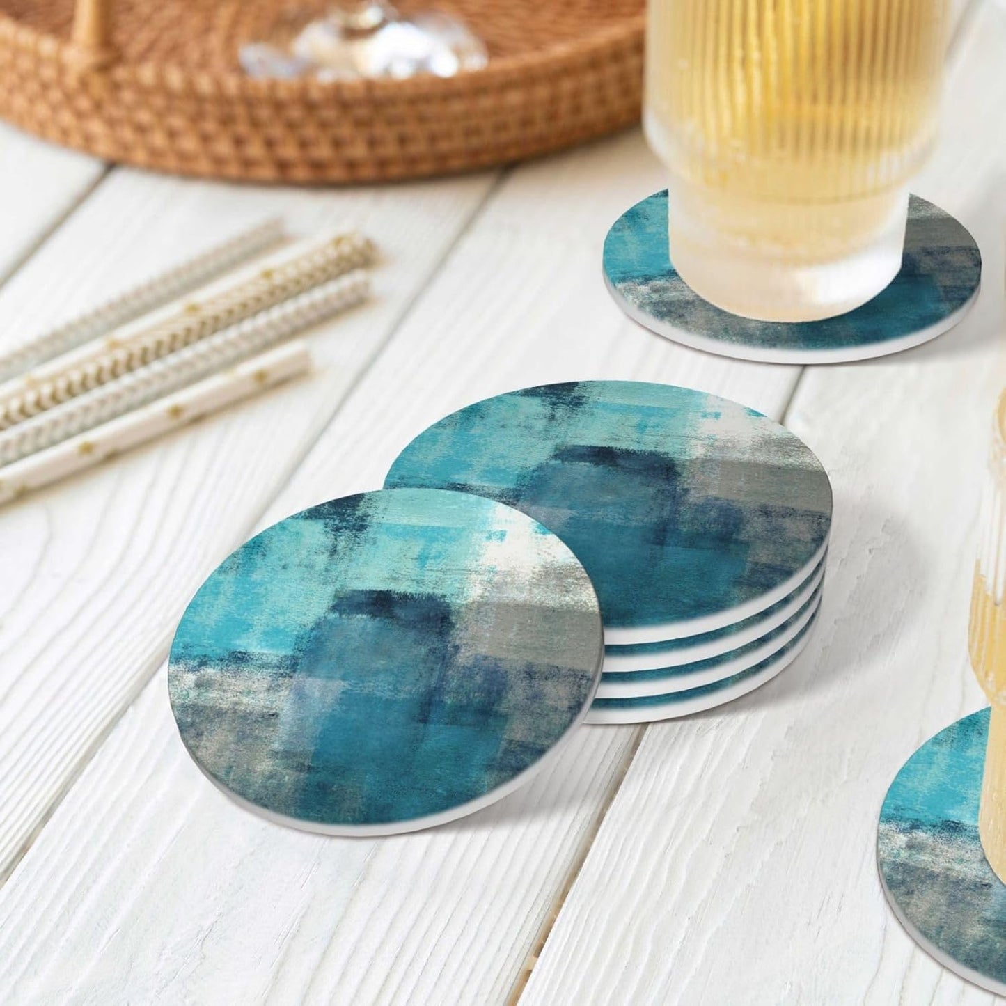 Coasters Set of 2 Turquoise and Grey Absorbent Ceramic Coasters for Drinks Round Stone Non-Slip Coffee Table Housewarming Gifts for Table Protection Home Decor, Teal