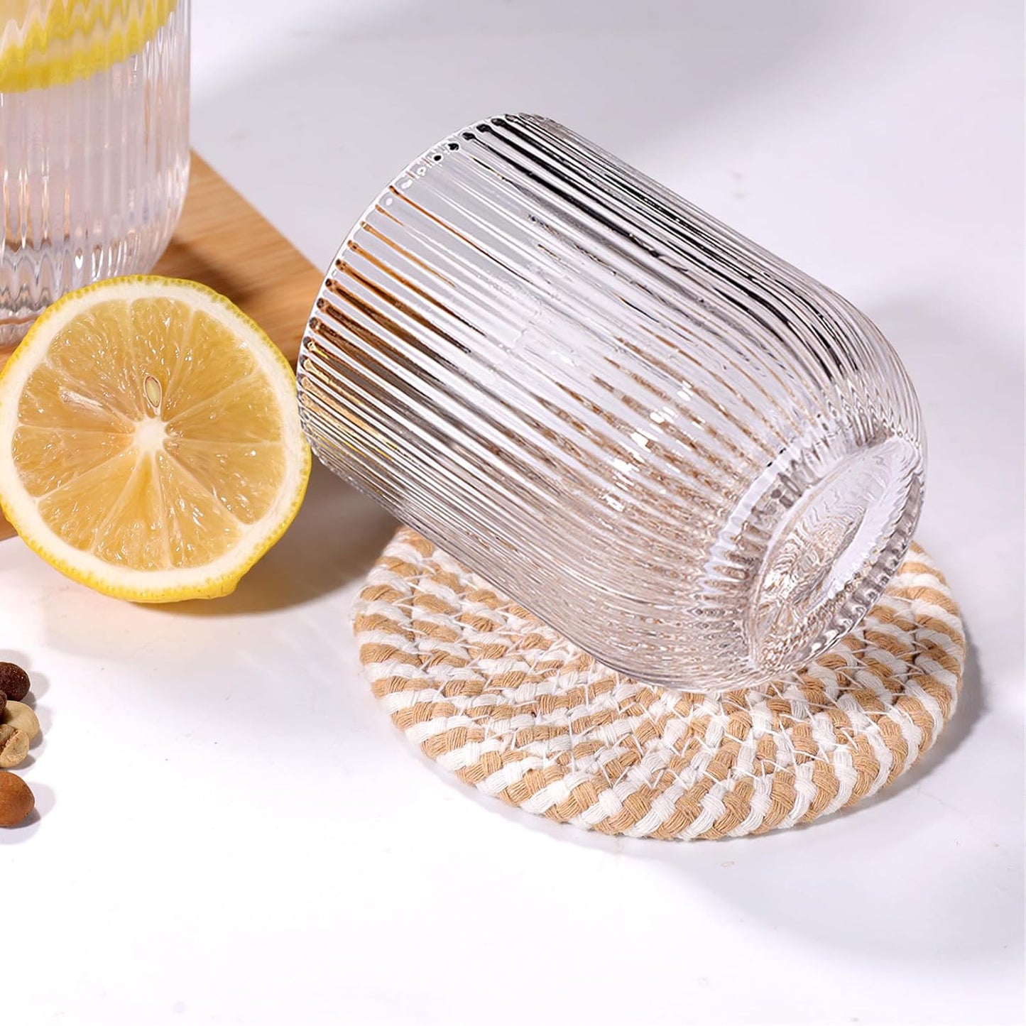 Set of 8 Ribbed Glassware,4 Highball Glasses 14oz & 4 Rocks Drinking Glasses 9oz, Clear, Origami Style, Fluted Design, for Milk, Water, Cocktail, Juice, Beer, ToothBrush Cup, Gift