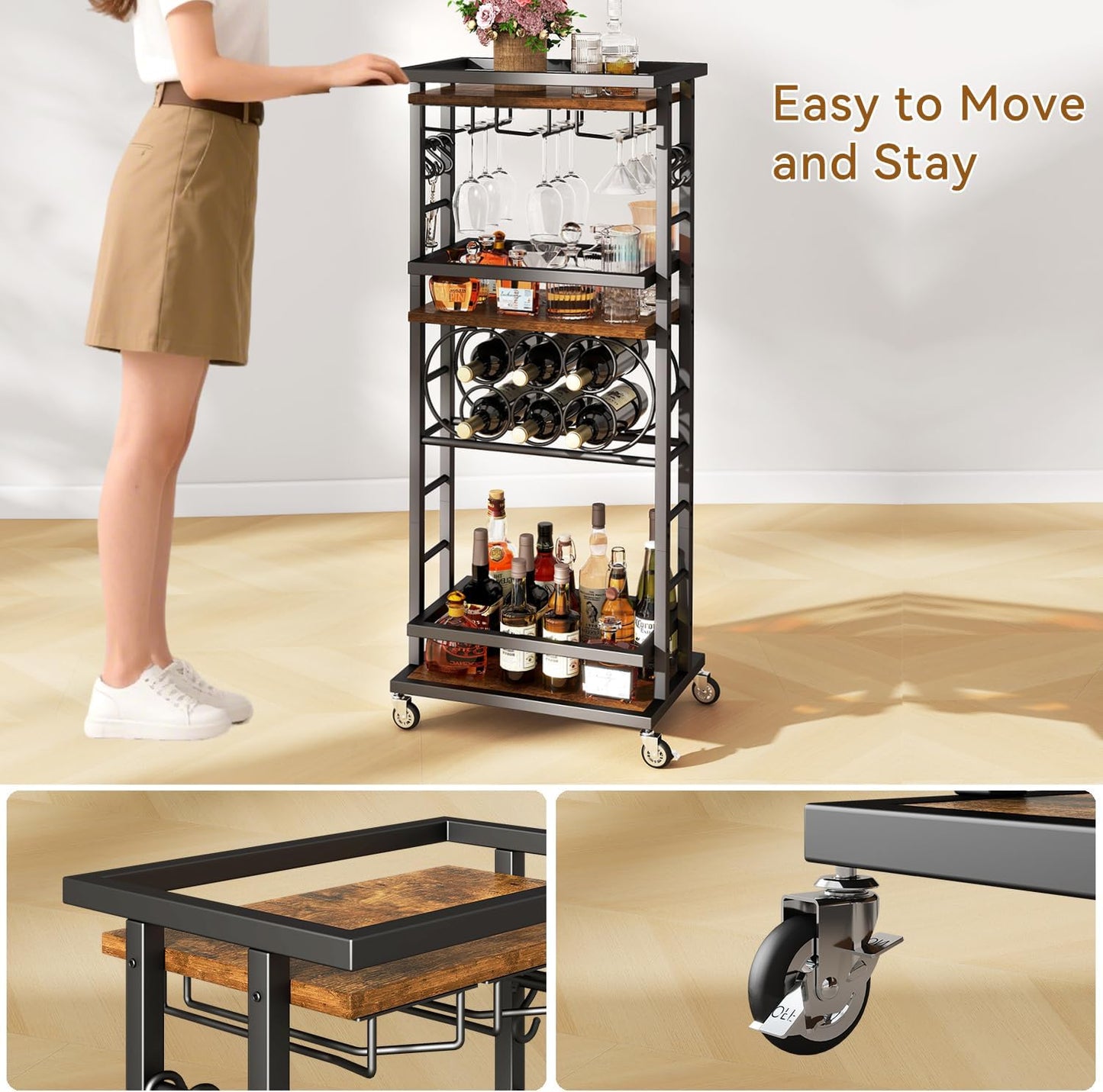 IBUYKE 4-Tier Wine Car Cabinet with Wheels,Wine Rack Freestanding Floor, Bar Cart for Liquor Whiskey Wine,Versatile Wine Bottle Display Shelf,Mini Bar for Home Living Room,Rustic Brown UTMJ912H
