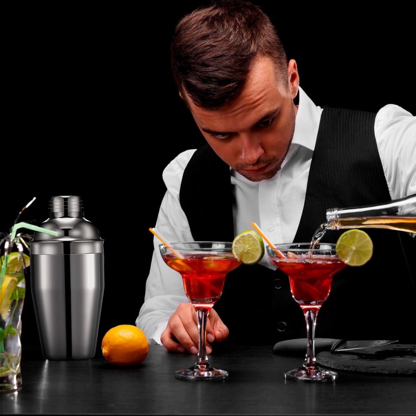 Nitial 9 Pcs Bar Cocktail Shaker Professional Stainless Steel Martini Drink Mixer Built-in Strainer for Bartending No Leaks Boston Shaker for Bar Party Drink Tool (Black,8 oz)