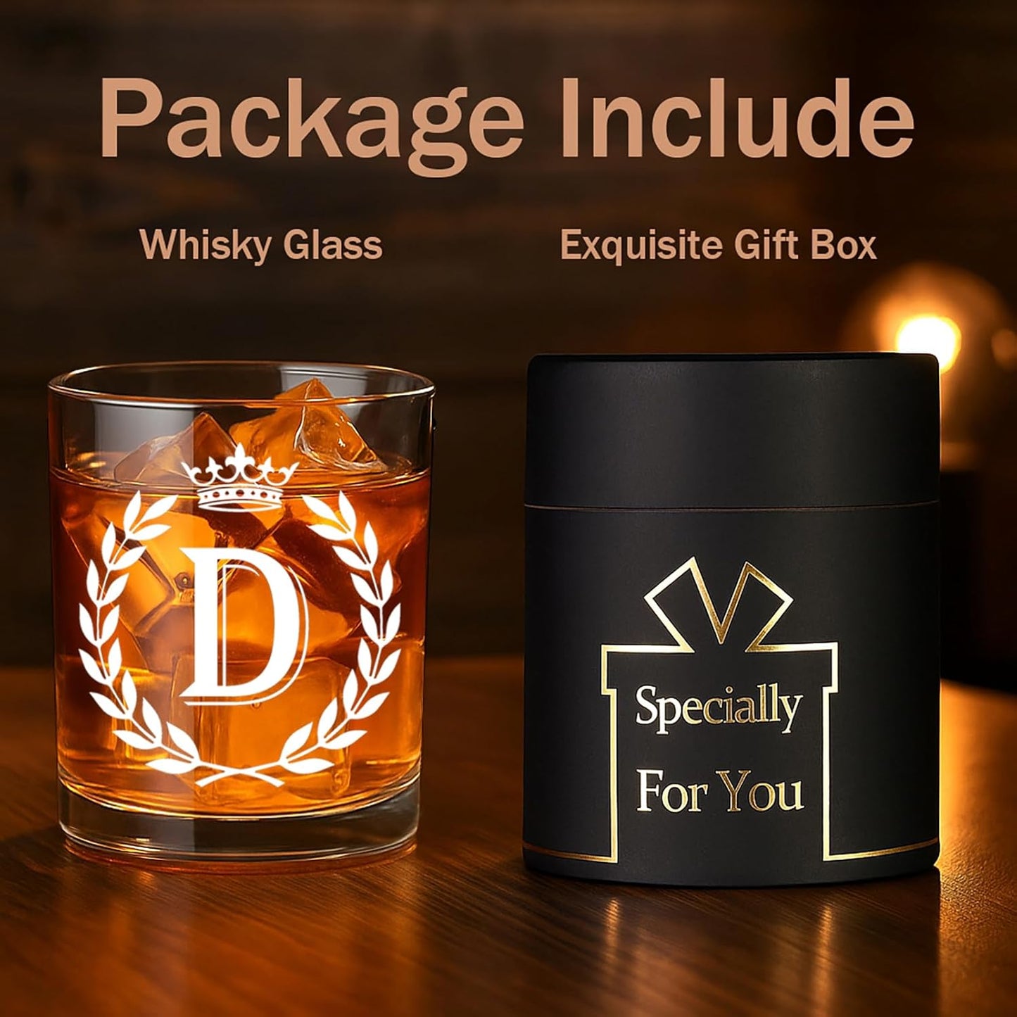 Personalized Whiskey Glasses Gifts for Men, Letter D Initial Whiskey Glass, Christmas Birthday Gifts for Men Husband Brother Dad, 10 OZ Old Fashioned Glass with Gift Box(Letter D)