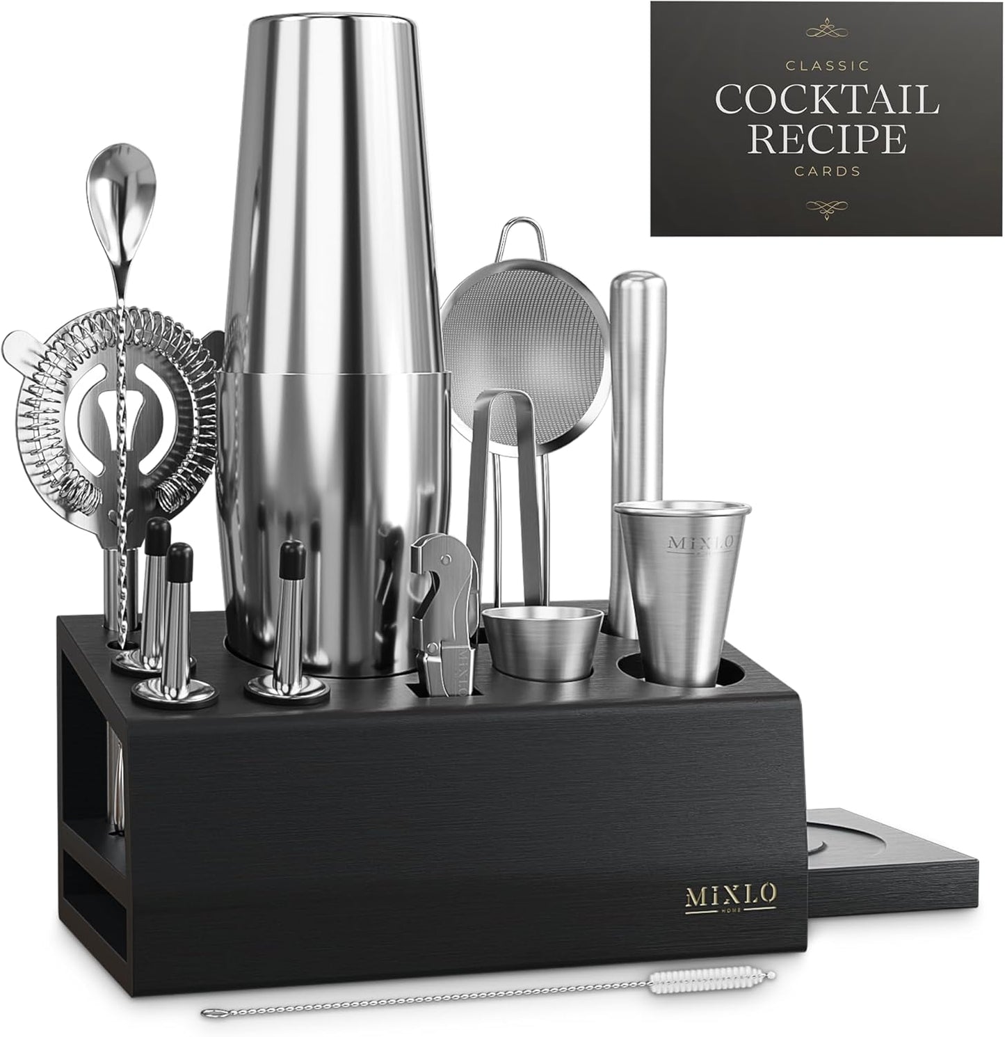 Mixology Bartender Kit -15Pcs Bar Set Cocktail Shaker Set w Black Bar Cart Accessories Stand - Shakers Bartending Silver Tools, 24oz Shaker, 17 Recipe Cards, Martini Barware