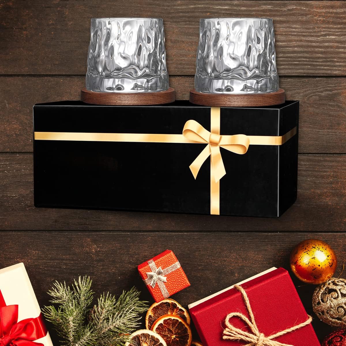 Whiskey Glasses Set of 2, Rotatable Tumbler Crystal Glass Cups, Drinking Glasses with 2Pcs Creative Walnut Coasters and Gift Box - for Scotch,Bourbon,Cocktails