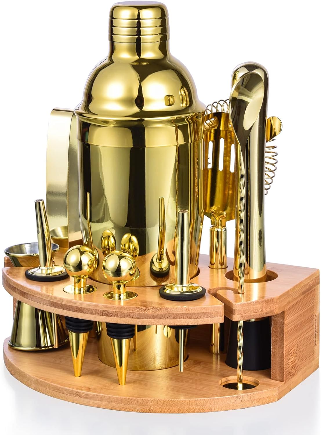 Cocktail Shaker Set with Bamboo Stand, 12-Piece 25oz Stainless Steel Bartender Kit, Martini & Margarita Bar Tools for Home Bar, Drink Mixer Set, Housewarming Gift, Silver - Gold