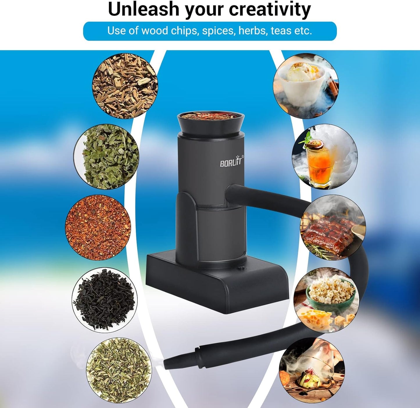 BORUIT Smoking Gun Cocktail Smoker Gun Includes Wood Chips and Accessories,Portable Drink Smoker,Indoor Food Smoker Infuser Kit for Cocktails,Meat,BBQ,Cheese,Veggies & Sous Vide(Black)