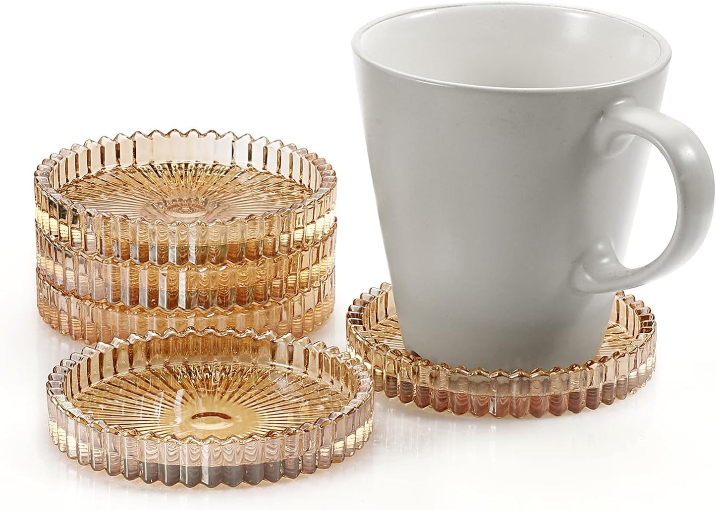 Modern Clear Coaster Set of 5- Glass Coasters for Drinks Crystal Coasters Round Cup Coasters Coffee Table Decor for Office, Kitchen, Bar, Dining Room, Living Room, Patio(Amber)