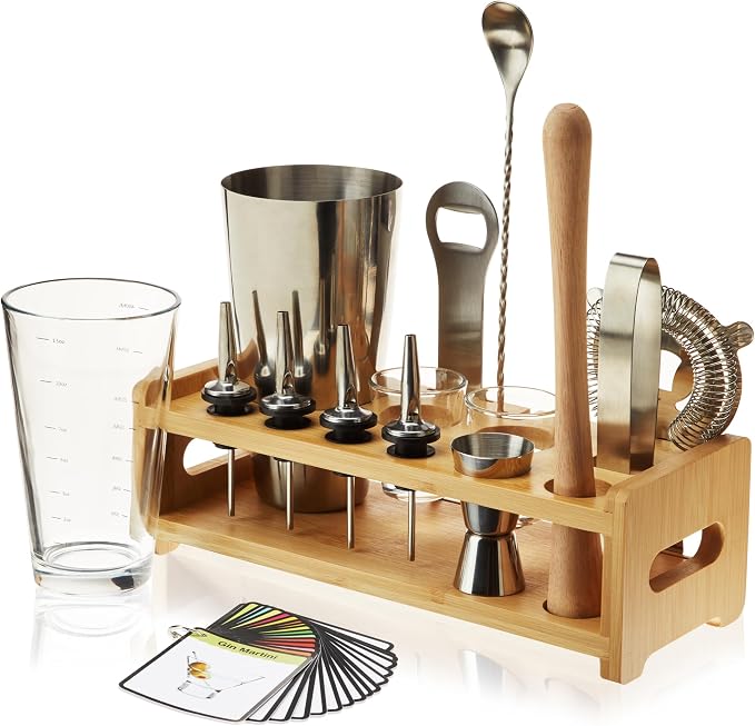 True 20-Piece Cocktail Shaker Bar Set with Wooden Stand Includes Boston Shaker, Mixing Glass, Muddler, Jigger, Strainer, Bartender Kit for Mixed Drinks, Cold Brew Cocktails, Home Bar Tools - B09LRJQ4F6
