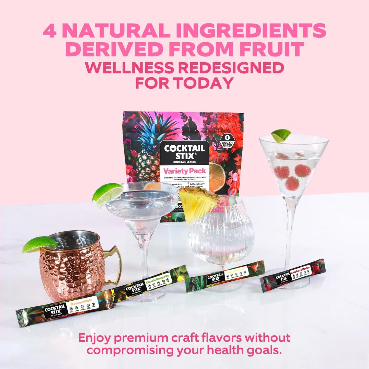 Cocktail Stix Zero Sugar Variety Pack - Cocktail & Mocktail Drink Mixer - Skinny Mixes - Water Flavoring Packets - Vegan - No Calories, No Carbs, No Sugar - Non-GMO - 20 Pack