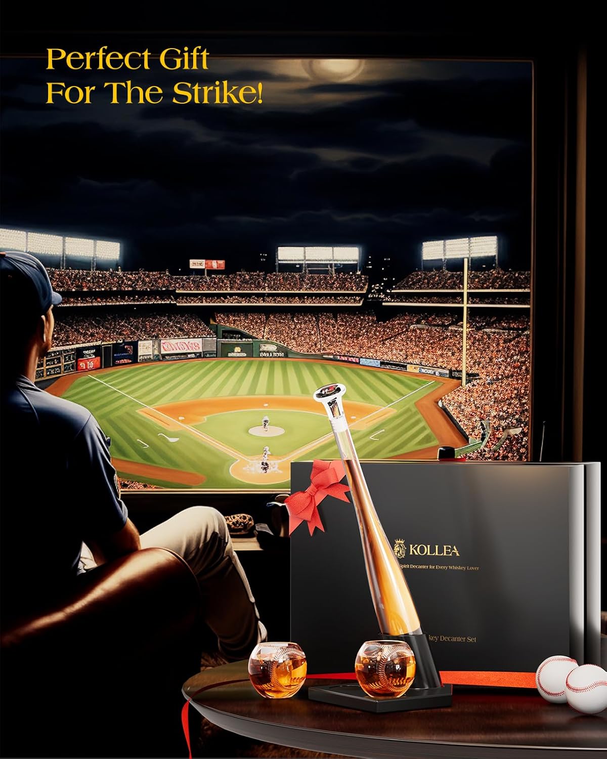 Baseball Gifts for Men, Kollea Whiskey Decanter Sets for Men, 20Oz Baseball Bat Decanter Set with 2 Glasses, Unique Birthday Gift for Dad Him Brother Guys Boyfriend Coach, for Liquor Tequila