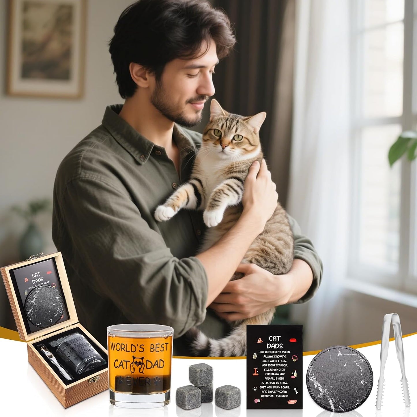 Bayelove Cat Dad Gifts, Best Gift for Dad, Gift with 12oz Whiskey Glasses, Stones, Coaster, Wooden Box for Catfather