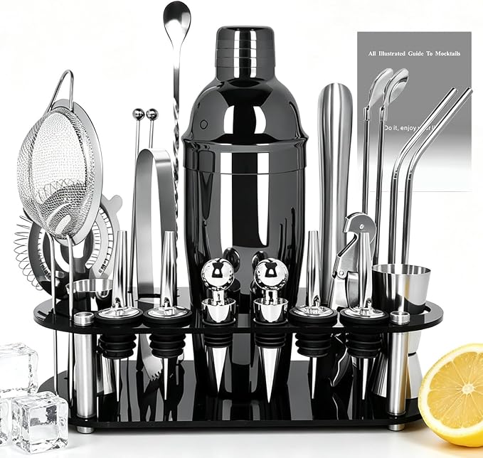 22-Piece Cocktail Shaker Set, 25/20oz Bartender Kit, Bartending Stainless Steel Bar Tools Sets for Drink Mixing, Boston Cocktail Shakers with Stand Recipes Booklet (Black-25-20oz) - Black-25oz