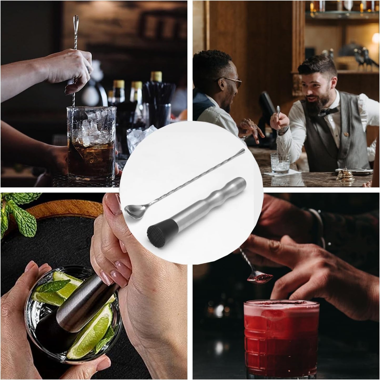 Stainless Steel Cocktail Muddler & Long Handle Stirring Spoon 2-Piece Set - Professional Bartender Tools for Mojitos, Fruit Drinks & Cocktail Mixing