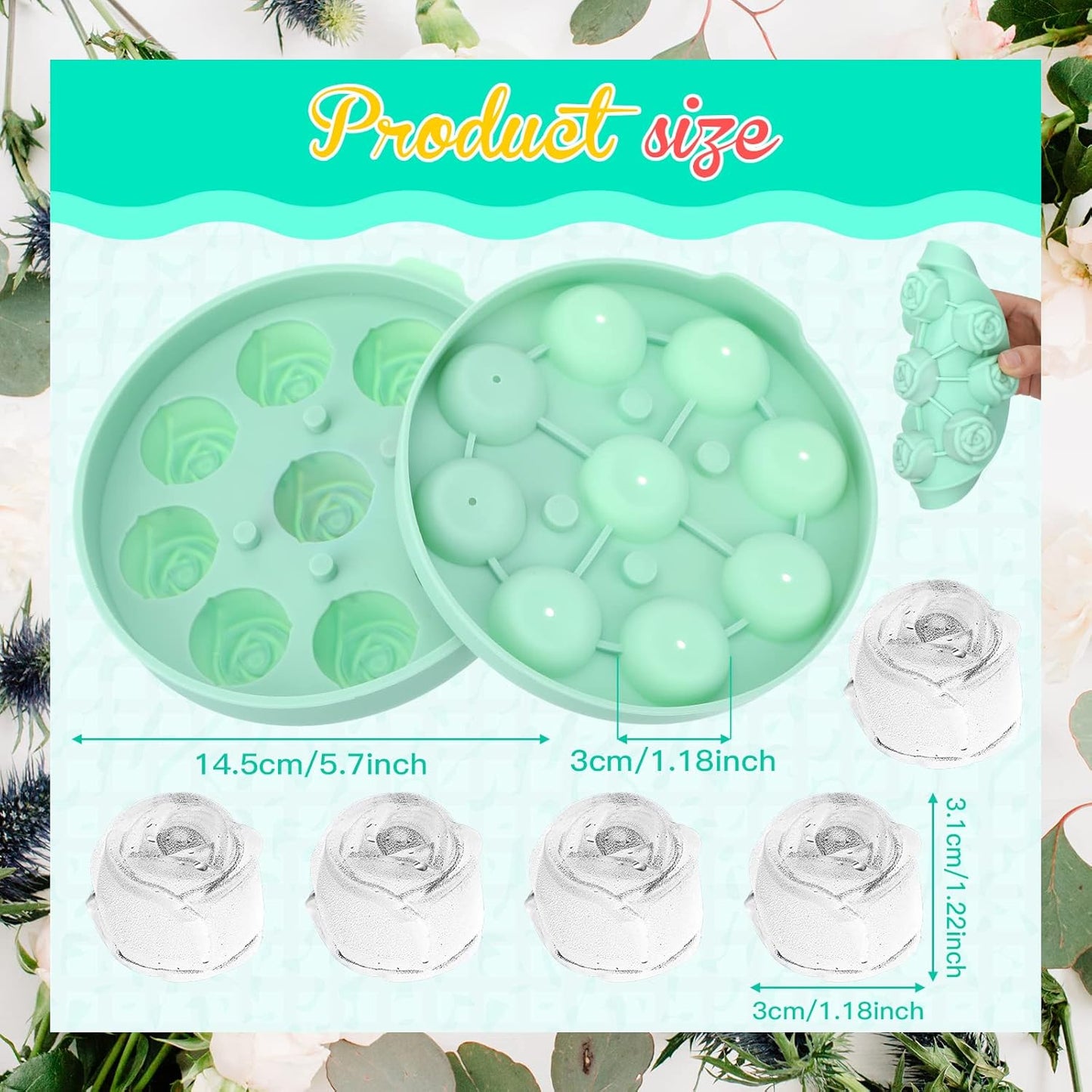 Hsei 2 Pieces 3D Rose Ice Mold 1.4 Inch Silicone Flower Ice Cube Trays Rose Silicone Mold for Freezer Whiskey Wine Cocktails Juice Bourbon Mimosas, Dishwasher Safe, Pink, Green