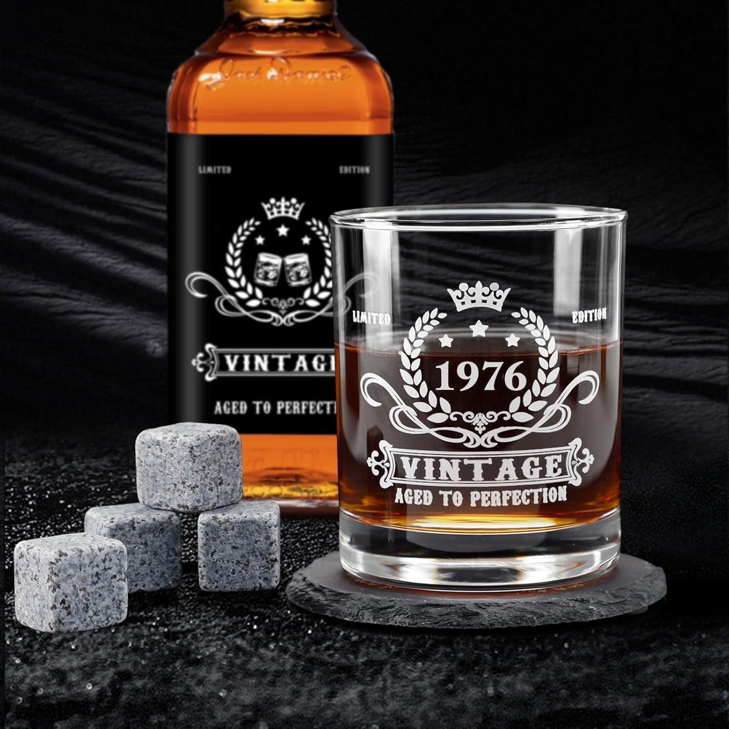 YeohJoy 50th Birthday Gifts for Men,Vintage 1976 Whiskey Glass Set,Wood Box & 1976 Poster Anniversary Card &Whiskey Coaster & Stones,Bday Gifts Ideas for Him, Dad, Husband