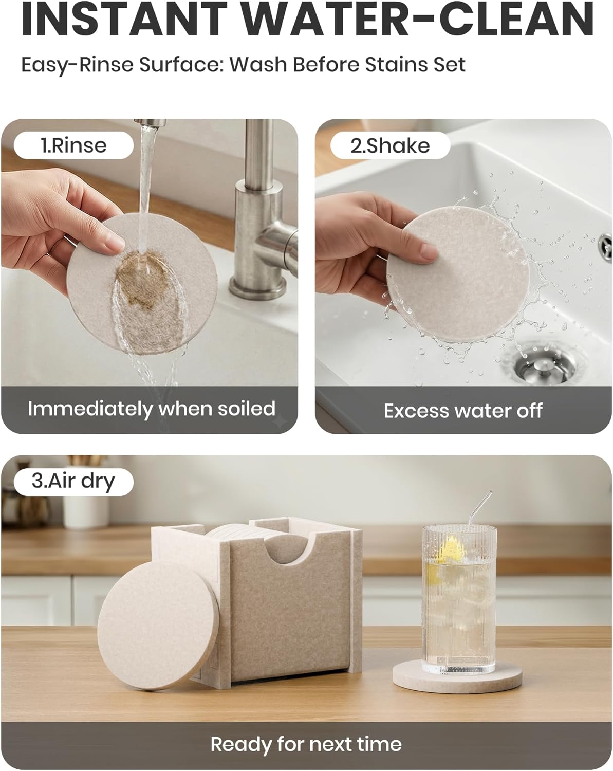 Fluxynara Felt Coasters for Drinks, Set of 8 Absorbent Coasters with Holder, Heat-Resistant & Reusable Round Design for Coffee Table & Living Room, 3.92 Inch, Oatmeal