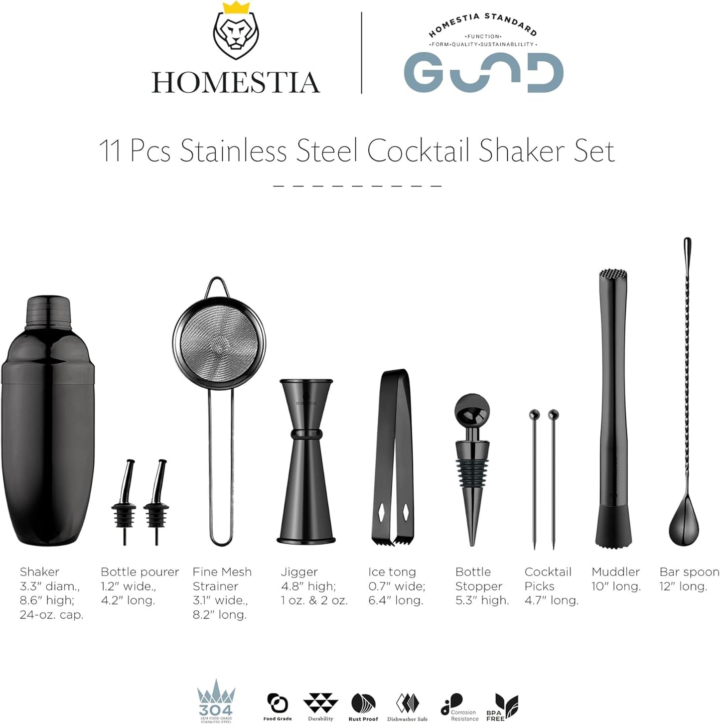 Homestia Black Cocktail Shaker Set, 11-Piece Stainless Steel Bartender Kit with Weighted Shaker, Strainer, Jigger, Muddlers - Professional Mixology Bar Tools