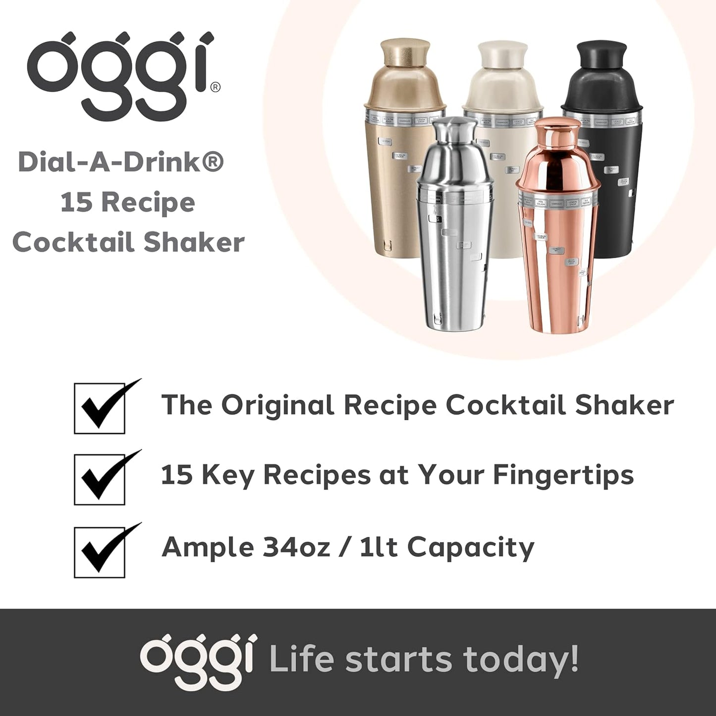 OGGI Dial A Drink Cocktail Shaker - Stainless Steel, 15 Recipes, Built in Strainer, 34 oz - The Original and Only Dial A Drink - Ideal Home Bar Drink Mixer, Bartender Kit, Essential Bar Accessories