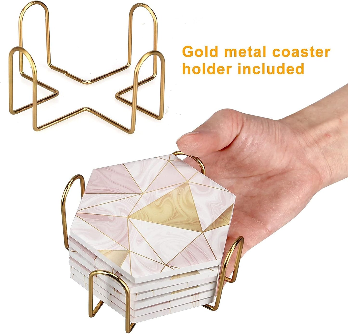 6 Pack Pink Marble Coasters with Holder Gold Absorbent Drink Unique Coaster Cute Ceramic Table Coaster Set Funny Kitchen Accessories Decorative Bar Coster Modern Coffee Table Decor Cup Coasters